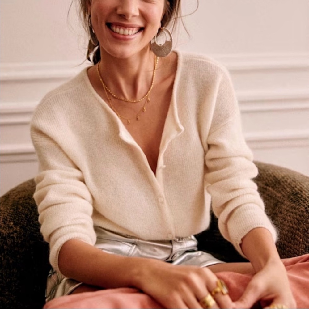 Sezane Cream Fuzzy V-Neck Cardigan - Picture 2 of 7